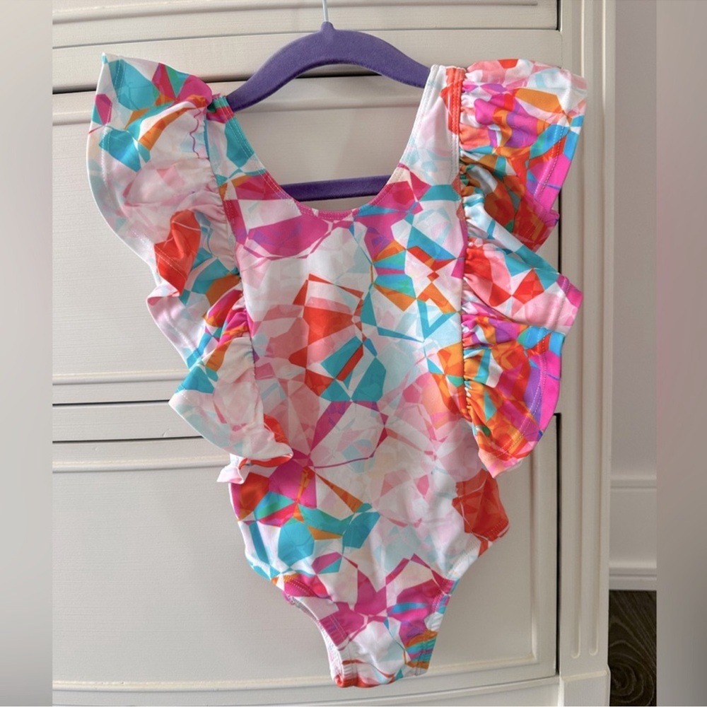 Posh Peanut Pink and Orange One Piece Swimsuit with Ruffled Sleeves